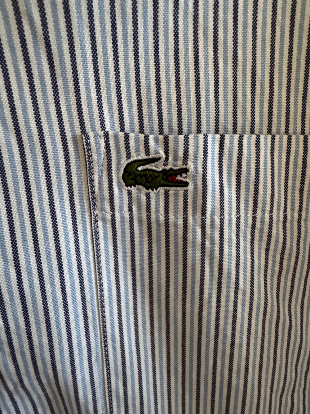 Lacoste Men’s Blue, Gray, White Striped Button-Down Shirt with Crocodile Patch
